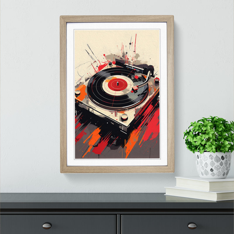 Vinyl Record Player Gestural - Framed Print, 46cm H x 34cm W, Oak Framed
