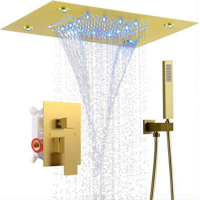 Brushed Gold LED 14X20'' Ceiling Mount Rain Waterfall Shower Head Set Bathroom Shower Faucet