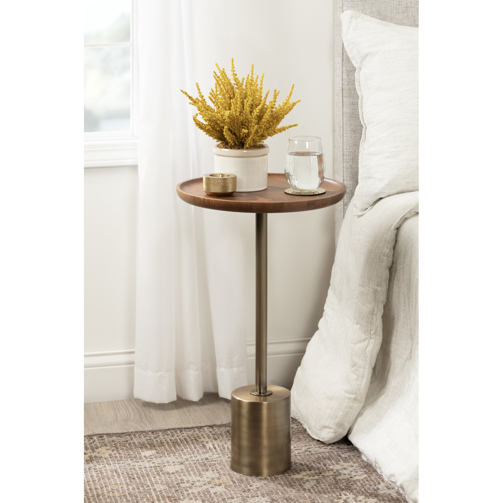 Armengol Solid Wood End Table, 24'' H X 14'' W X 14'' D, Brass, Walnut