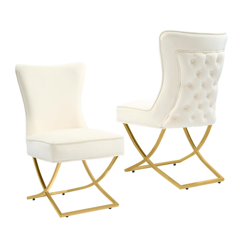 Chaise parsons rembourrée en velours capitonné Chary, Beige