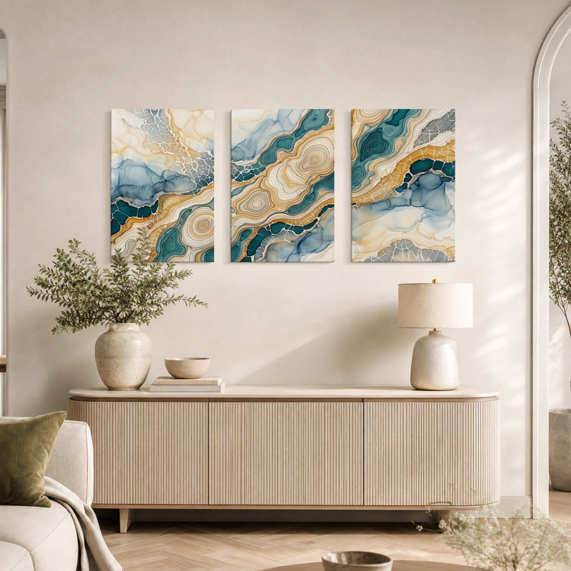 Ensemble de 3 toiles murales représentant des couches topographiques abstraites dans les tons turquoise et beige