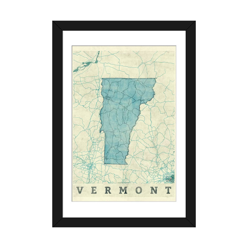 « vermont map », impression sur toile, H 24 po x l 16 po x P 1 po, Papier d'art encadré noir, Blanc