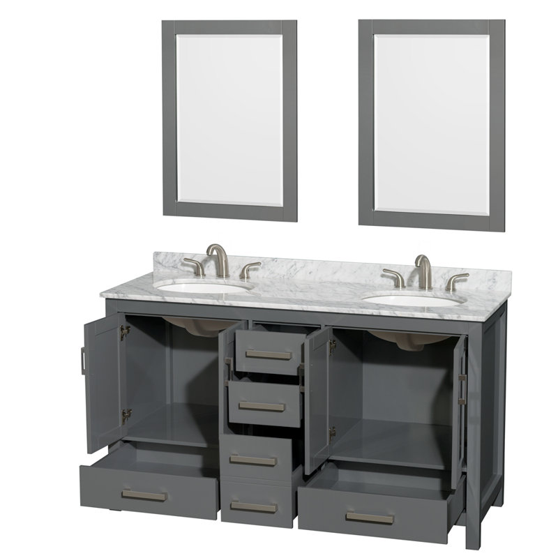 Sheffield 72" Double Bathroom Vanity Set with Mirror, Gray, 60" W, White Carrara Marble