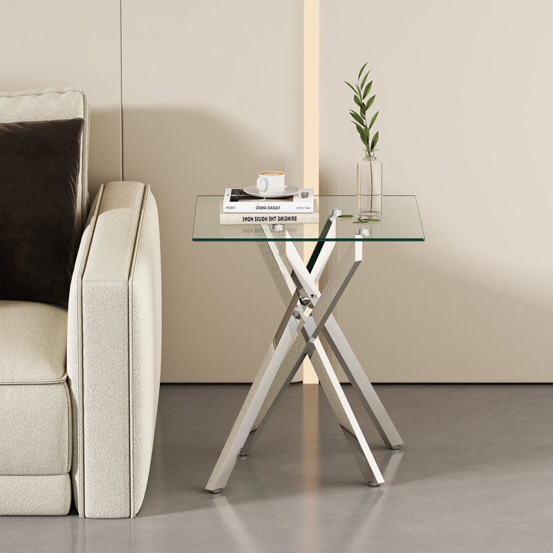 Table de bout carrée en verre transparent 17,72 po, 1 pièce, Argent argent
