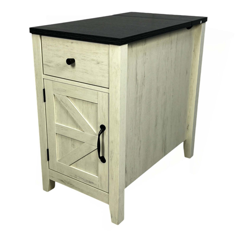Chirles Farmhouse End Table With Charging Station, Night Stand With Barn Door And Drawer, Storage For Bedroom Living Room, Bedside Table