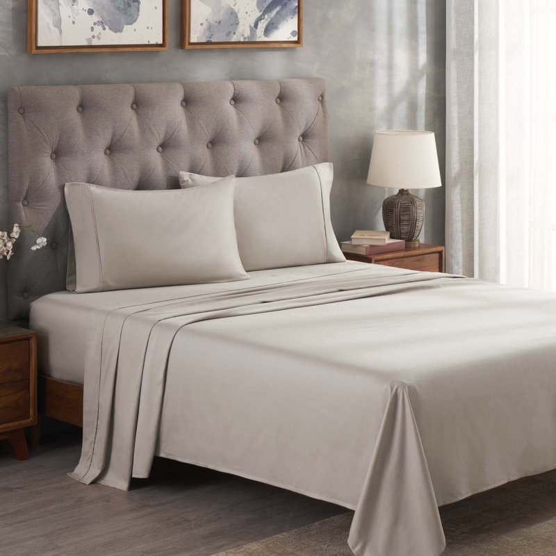 Ensemble de draps en satin de coton peigné de qualité supérieure à densité du tissage de 300 fils, Gris clair, Simple