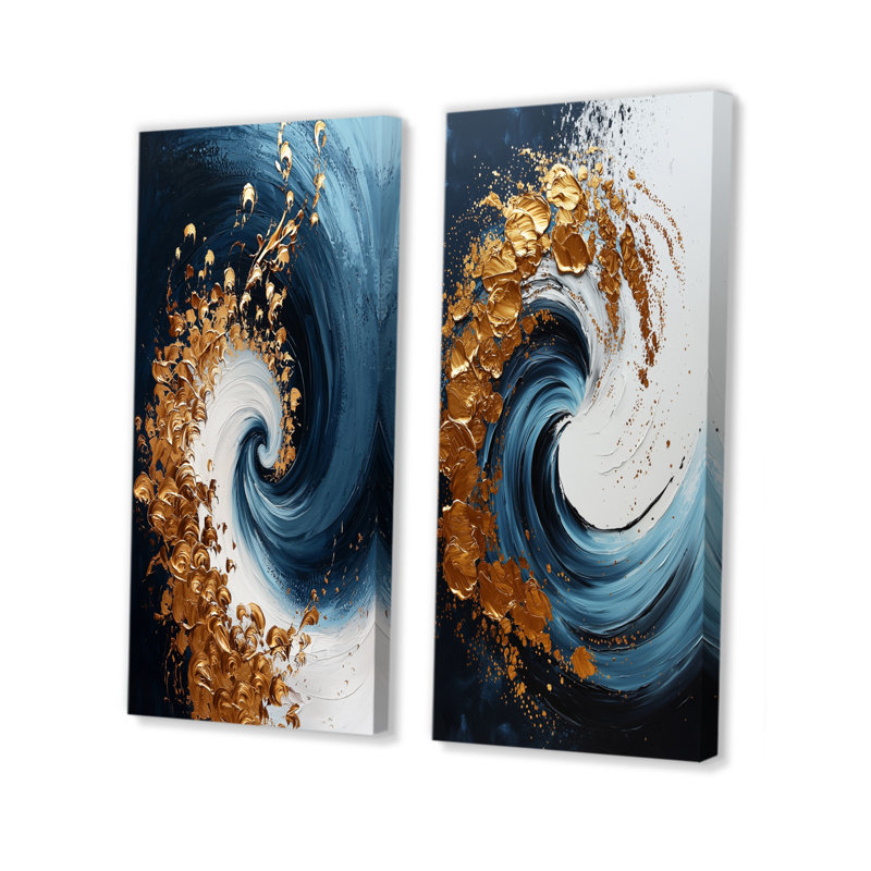 «Blue Spiraling Majesty Vortex I», ensemble de 2 pièces d'art abstrait en spirale, H 32 po x l 32 po, Toile tendue