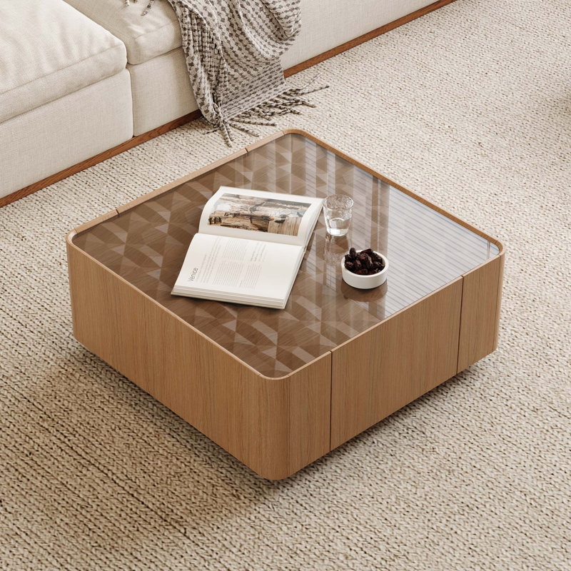 Table basse moderne carrée avec plateau en verre et rangement caché