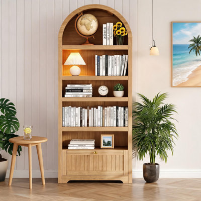 Étagère arquée de 71 po de hauteur, bibliothèque autoportante à 6 niveaux avec tiroir et tablettes ouvertes, bibliothèque arquée de style Mid-Century pour le salon, la chambre à coucher ou le bureau personnel