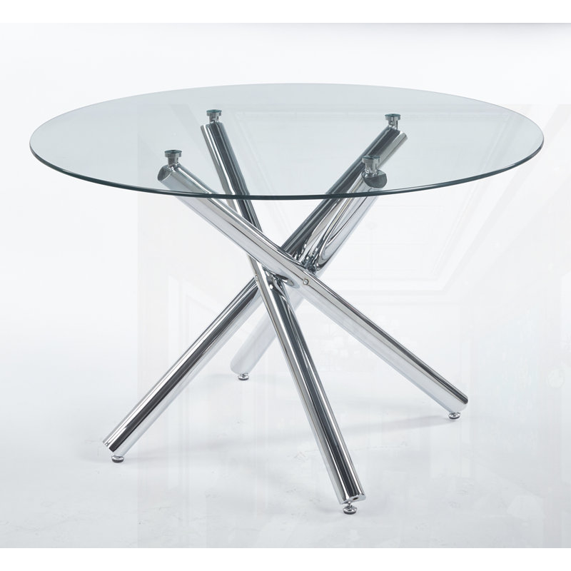 Dining Table with metal leg and glass, Chrome, 29.13"H x 47.24"L x 47.24"W