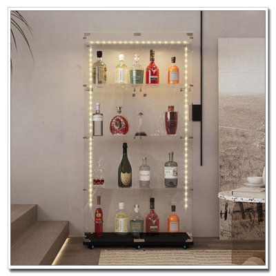 Vitrine en verre trempé avec lumière DEL Bluetooth et roulettes