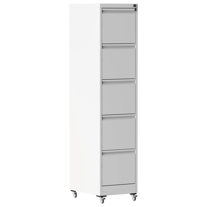 Vertical File Cabinet With 5 Drawers, Wheels For Easy Movement, Metal Storage A4/letter/legal Size Papers, White, 17.71"d*15.57"w*65.35"h, Secure Locking System, Construction Folders, Locking, All -
