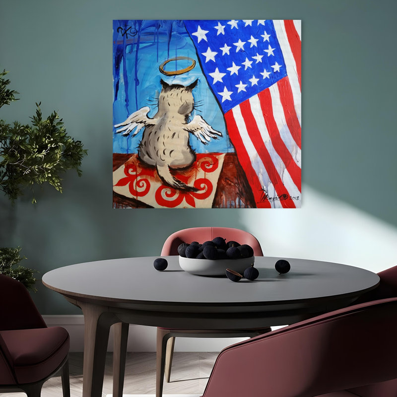 Angel Cat American Flag Peaceful Abstract Contemporary Cat Landscape Nature Wall Art Print 1 Piece Wrapped Canvas Wall Art