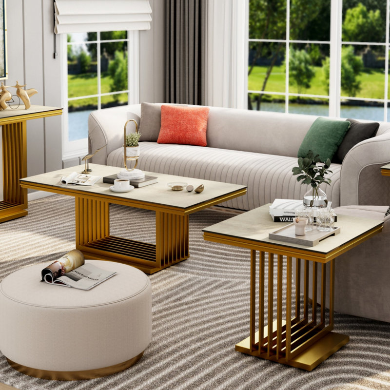 Silver Glass Rectangular Coffee Table For Living Room, Beige Top/Gold Base