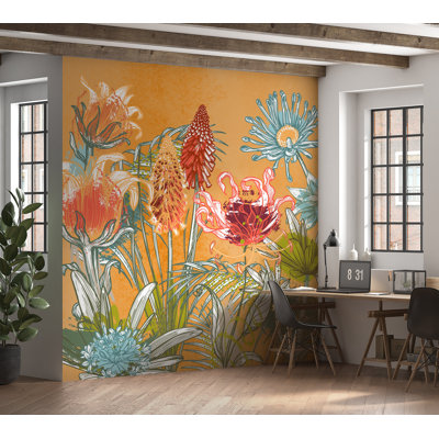 Murale pelez et collez - sérénade florale orange