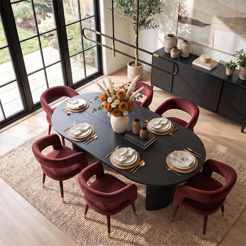 Ensemble de table de salle à manger moderne 79 "ovale avec 6 fauteuils de salle à manger en velours, Burgundy
