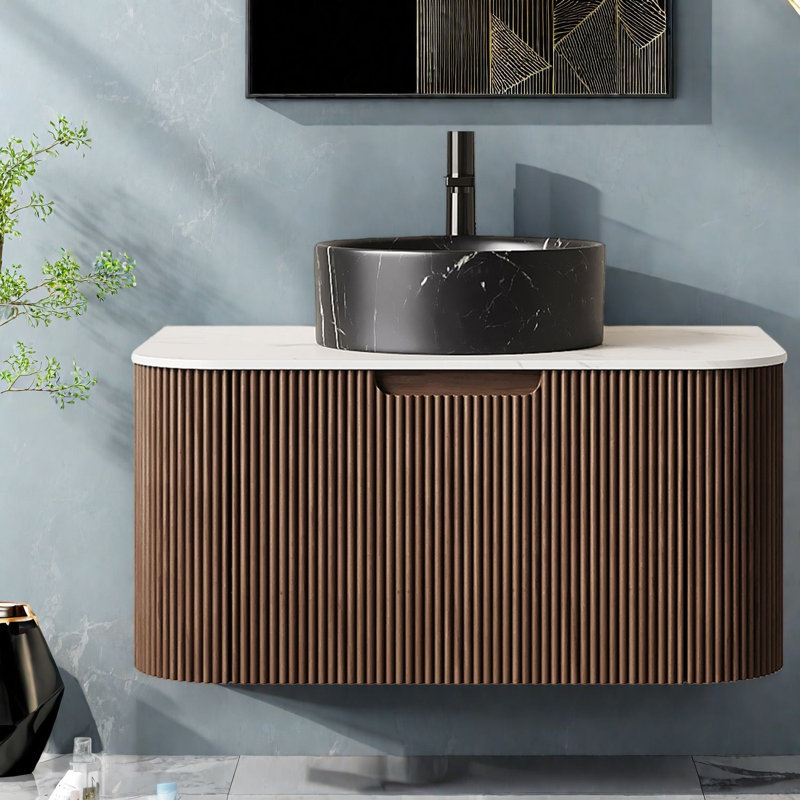 Meuble-lavabo et lavabo flottant Modern Modern, lavabo en céramique durable et solution de rangement pour petits espaces, finition noyer foncé élégant