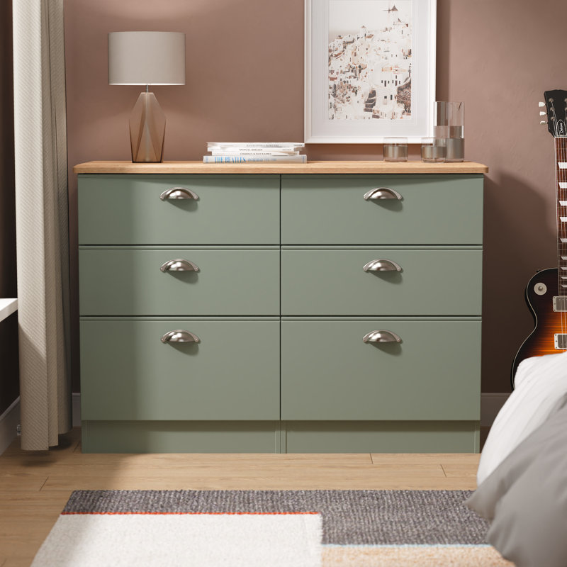 Conners 6 Drawer Wide Chest in Reed & Riviera Oak (Ready Assembled), Green