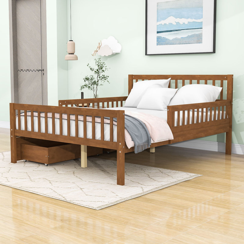 Lit plateforme en bois avec garde-corps et tiroirs de rangement, Double