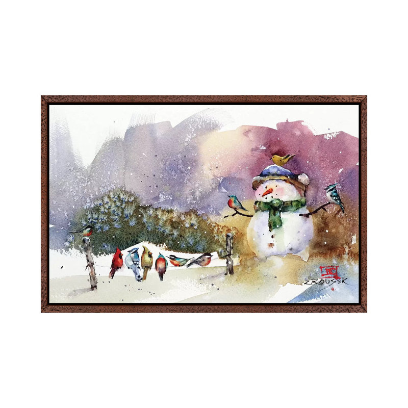 Snowman And Songbirds by Dean Crouser - Painting on Canvas, 66.04 cm H x 45.72 cm W, Classic Brown Wood Framed