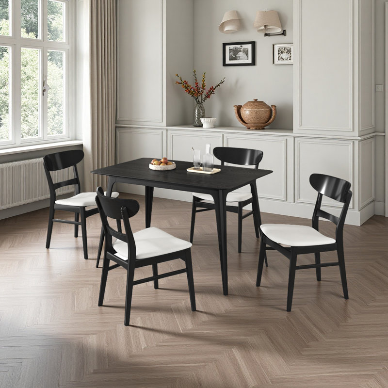 Ensemble de salle à manger 5 pièces de style Mid-Century moderne, structure en bois d'hévéa, une table et 4 chaises rembourrées