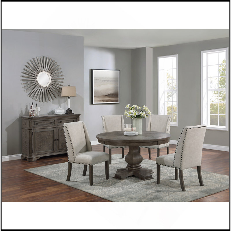 Traditional Formal 5Pc Dining Set Round Table 4X Side Chairs Pedestal Base Oak Finish Table Wingback Design Chair Upholstered Cushion Dining Room