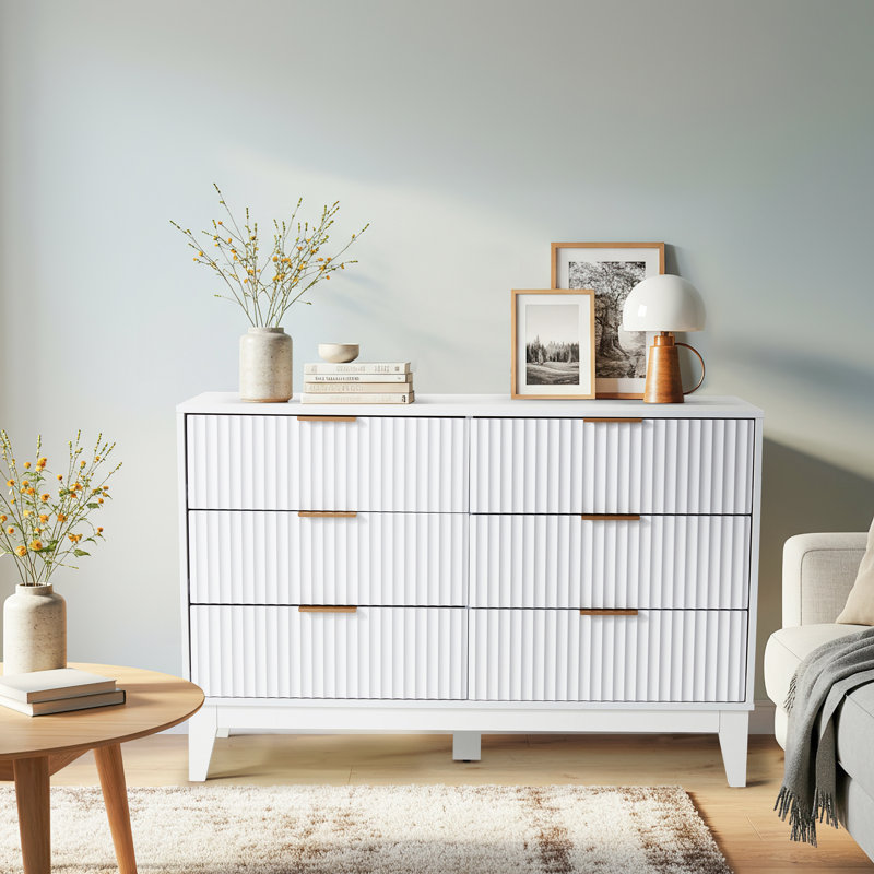 6 - Drawer 47.2" W Double Dresser, Fluted Design Wood Wide Chest, White