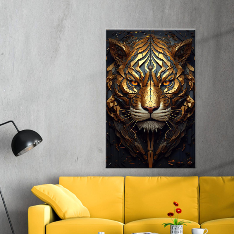 Art mural sur toile Golden Tiger: reproduction abstraite d'animaux, décor moderne, toile tendue 1P, H : 11,8 x L : 7,9 pouces