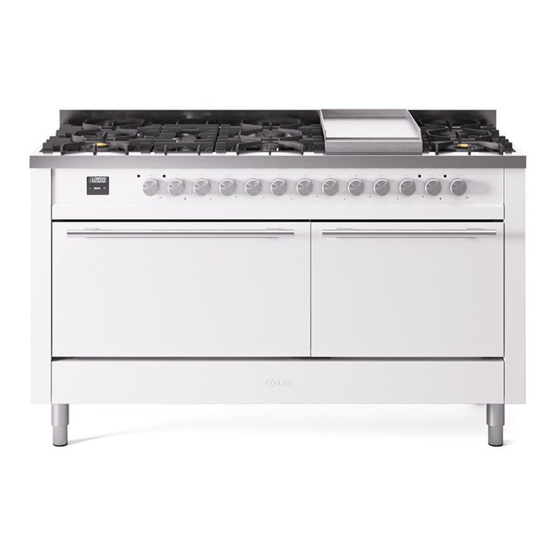 Cuisinière à double combustible ILVE Professional Plus II Series 60 po avec 9 brûleurs scellés et plaque de cuisson (propane liquide, porte pleine)