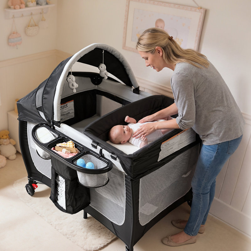 4-in-1 Portable Pack 'n Play with Bassinet, Changing Table, Adjustable Canopy, Storage Basket & Travel Bag – Infant to Toddler Playard, Grey