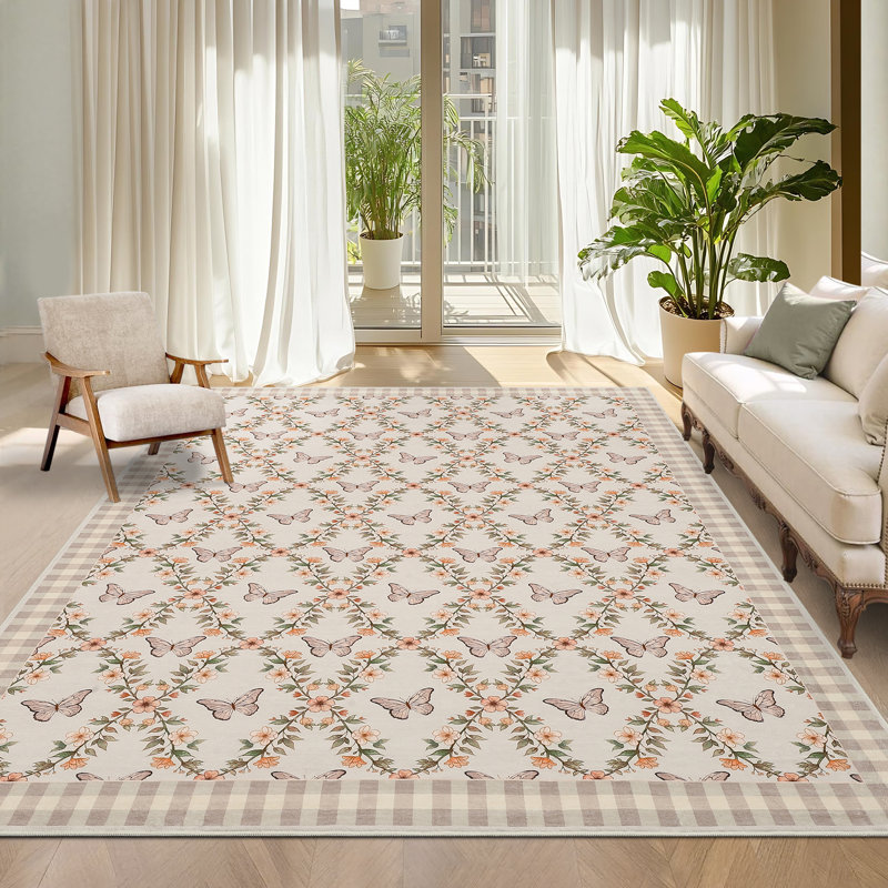 Extra Large Washable Area Rug Low Pile Ultra Soft Rug for Living Room Foldable Floral Butterflies Non Slip Stain Resistant Non Shedding Carpet