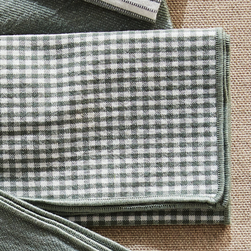 Serviettes de table en coton Olenna Feuille, À damier, Bordure unie