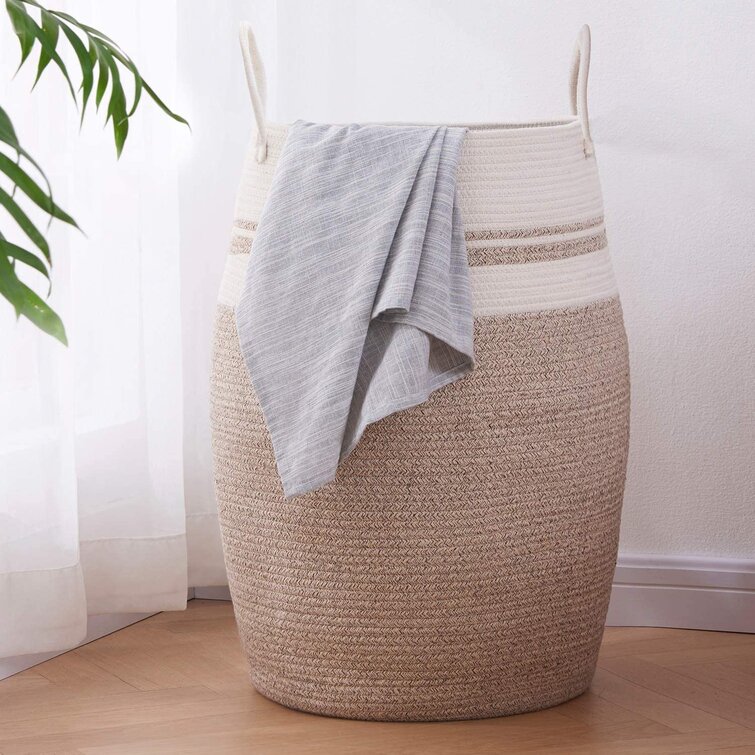 Highland Dunes Laundry Hamper Woven Rope Large Clothes Hamper 25.6 Height Tall Laundry Basket with Extended Handles for Storage Clothes Toys in Bedroom, Bathroom, F