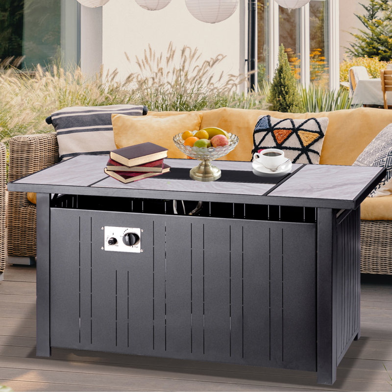 Mehalek 25" H X 47" W Propane Fire Pit Table With Lid, Outdoor Ceramic Tabletop Fire Pit