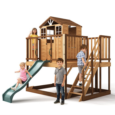 9-in1 Wooden Outdoor Playhouse with Slide