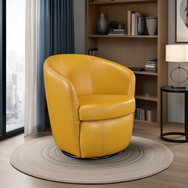 Terza 31" Modern & Contemporary Swivel Chair with 100% Top Grain Leather, 360-Degree Swivel, Dacron Wrapped High-Density Foam
