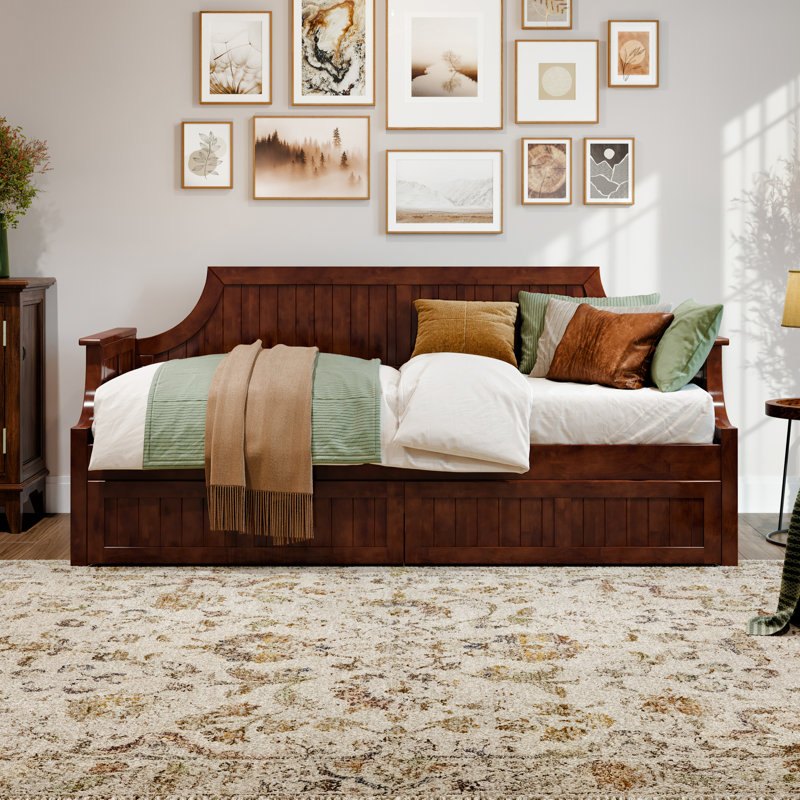 Antavious Coastal Cottage Solid Wood Twin Daybed with Storage Drawers, Walnut