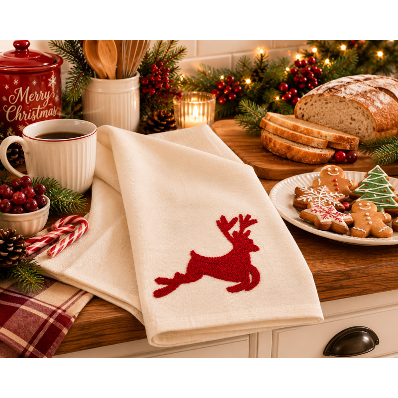 Reindeer Crewel Dish Cloth Kitchen Towel