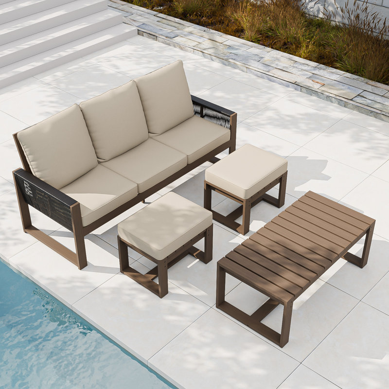 4-Piece Cedar Wood Wicker Patio Outdoor 3-Seat Sofa Seating Group with Olefin Cushions, Rectangle Coffee Table, Ottomans