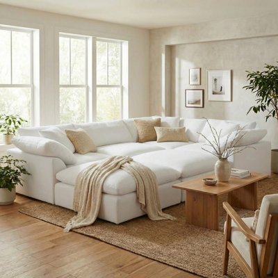  Mielke  Cloud-Inspired 132" 6 Piece Oversized Deep Lounge Slipcovered Modular Corner Sectional with 2 Ottomans | Performance Fabric Washable Water-Resistant Stain-Proof | Deep-Seating Down-Filled Couch | Plush Cushions, Modern Design 
