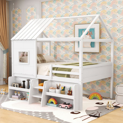 House Loft Bed with Shelves and Full-Length Guardrails