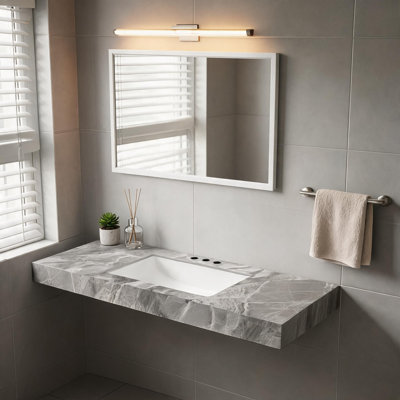Comptoir en pierre frittée gris clair de 48 pouces et lavabo encastré en céramique avec trois trous prépercés pour robinetterie standard