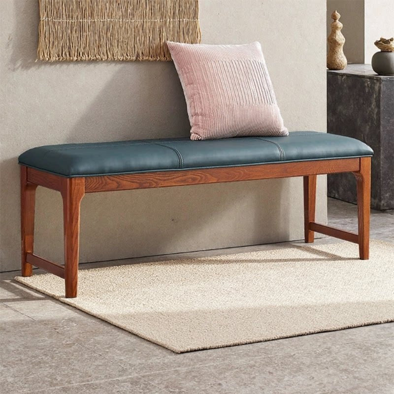 Banc minimaliste moderne en bois massif et cuir pour salon et chambre, Teal