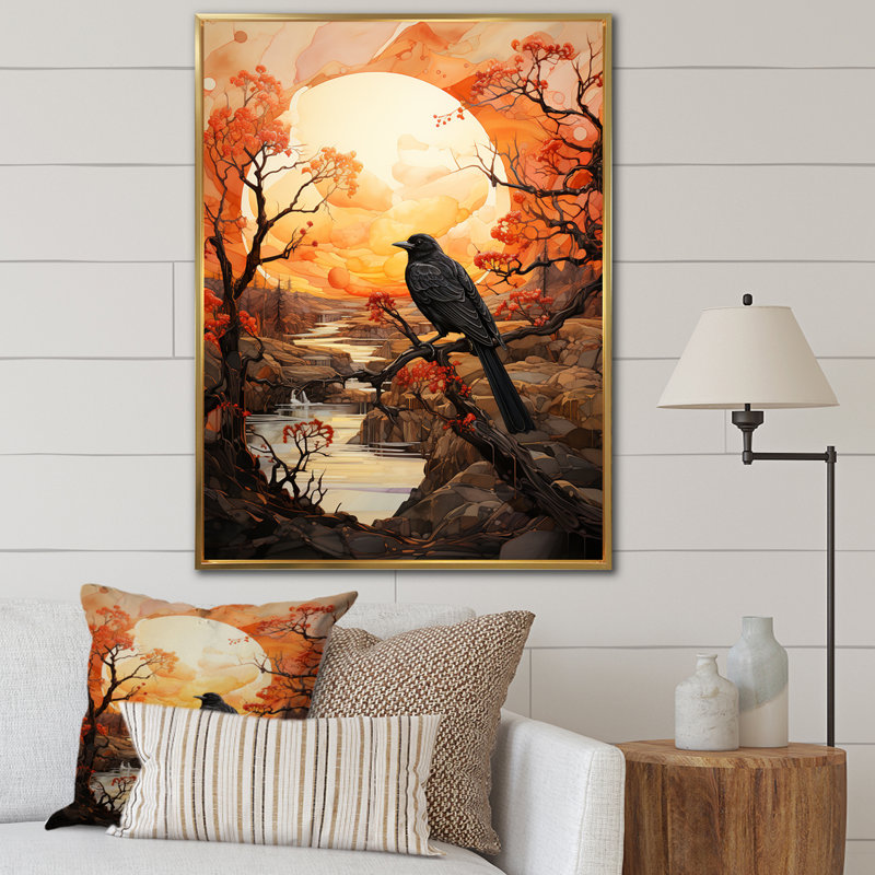 Décoration murale oiseau oiseau silhouette lune - animaux, H 44 po x l 34 po x P 1,5 po, Cadre flottant doré