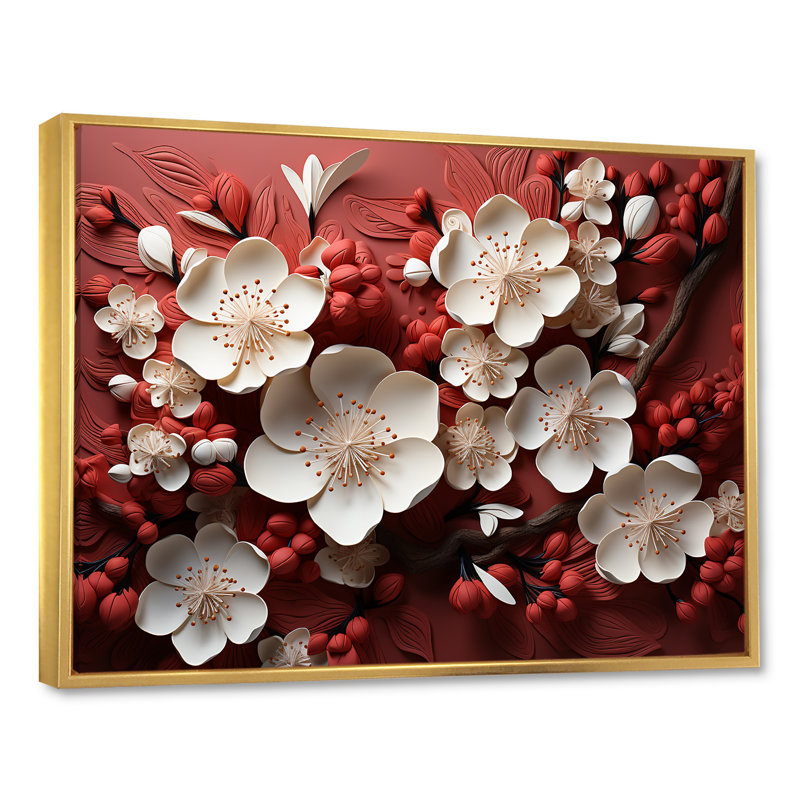 Orchidées blanches et rouges IV - Art mural floral abstrait, Cadre flottant doré, H 34 po x l 44 po x P 1,5 po