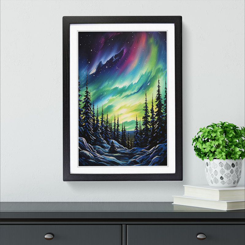 Northern Lights Informel - Single Picture Frame Print on Wood, 34cm H x 25cm W x 2cm D, Black Framed