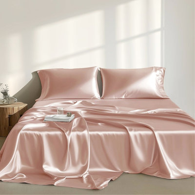 4 Pcs Twin Blush Satin Luxury Sheet - Wrinkle , Soft On Skin, Tame Frizz, , 1 Flat Sheet, Fitted Pillowcases Smooth And Silky, Reduces Breakage,
