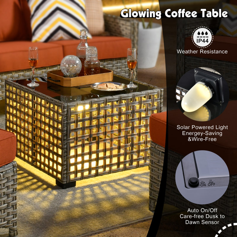 6 - Person Outdoor Seating Group With Cushions And Solar Powered Coffee Table, Bold rayé orange rouge