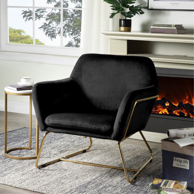 Chaise d'appoint 29,5 po en velours noir, base moderne en métal, revêtement riche, chaise glamour de 31 po avec base - X 26