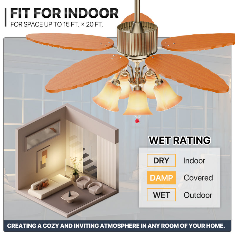 Golden 52" Tropical Ceiling Fan with Palm Leaf Blades and LED Lighting